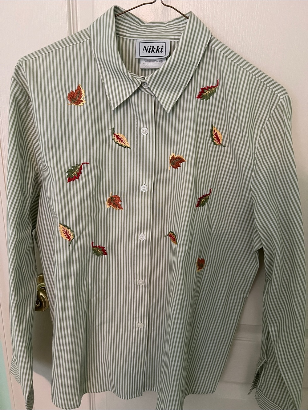 Sage Green and whiteStripe Embroidered Leaf Button-Down Shirt for Fall